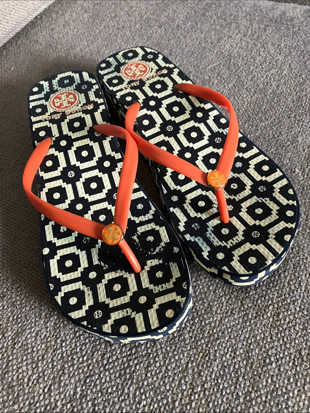 Tory Burch Black & Orange Geometric Flip Flops